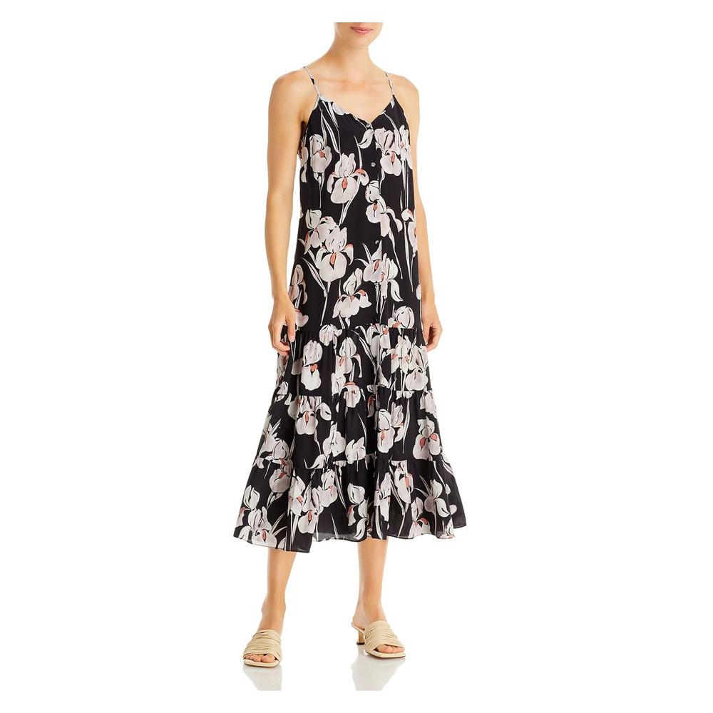JASON WU Womens Black Adjustable Button Up Unlined Tiered Floral Spaghetti Strap V Neck Midi Fit + Flare Dress 4