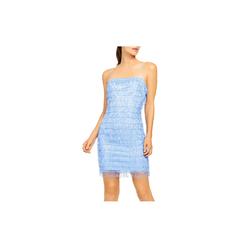 AIDAN AIDAN MATTOX Womens Blue Beaded Sequined Fringed Zippered Lined Spaghetti Strap Square Neck Mini Party Body Con Dress 6