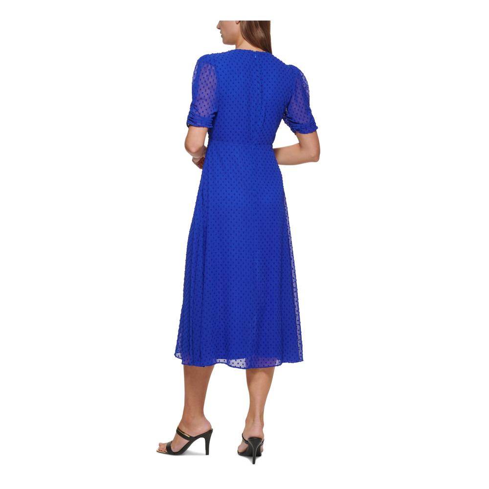 DKNY Womens Blue Zippered Ruched Pleated Button Trim Line Short Sleeve V Neck Midi Wear To Work Empire Waist Dress 12