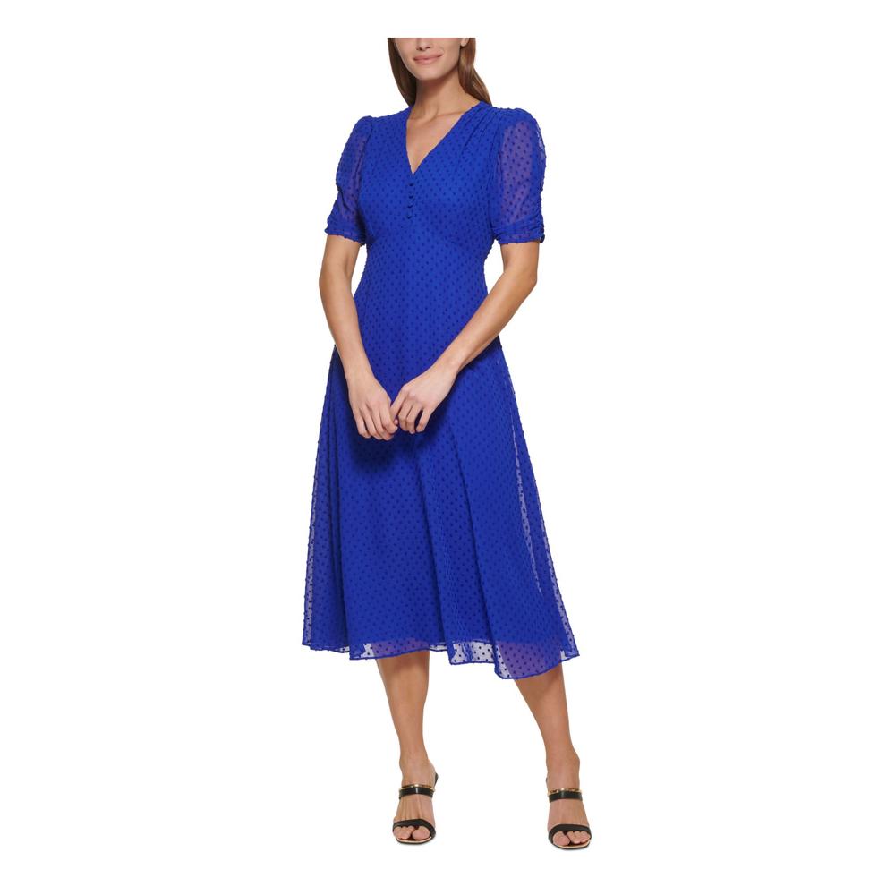 DKNY Womens Blue Zippered Ruched Pleated Button Trim Line Short Sleeve V Neck Midi Wear To Work Empire Waist Dress 12