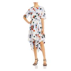 JASON WU Womens White Lined Pleated Handkerchief Hem Button Front Printed Short Sleeve Crew Neck Midi Fit + Flare Dress 0