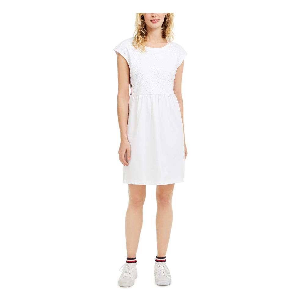 TOMMY HILFIGER Womens White Stretch Eyelet Embroidered Side Striped Sleeveless Crew Neck Above The Knee Sheath Dress L