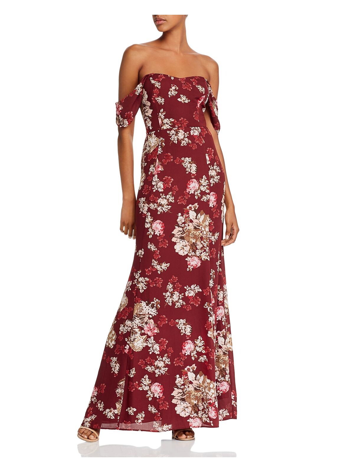 WAYF Womens Maroon Zippered Draped Sleeve Lined Floral Sweetheart Neckline Maxi Fit + Flare Dress XXL