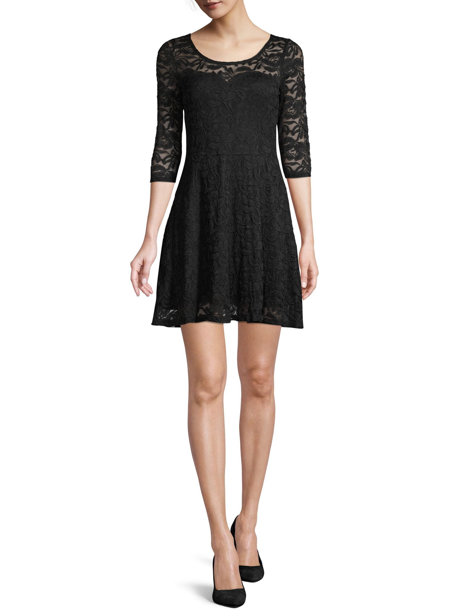 MATERIAL GIRL Womens Black Lace 3/4 Sleeve Jewel Neck Mini Party Fit + Flare Dress XXS