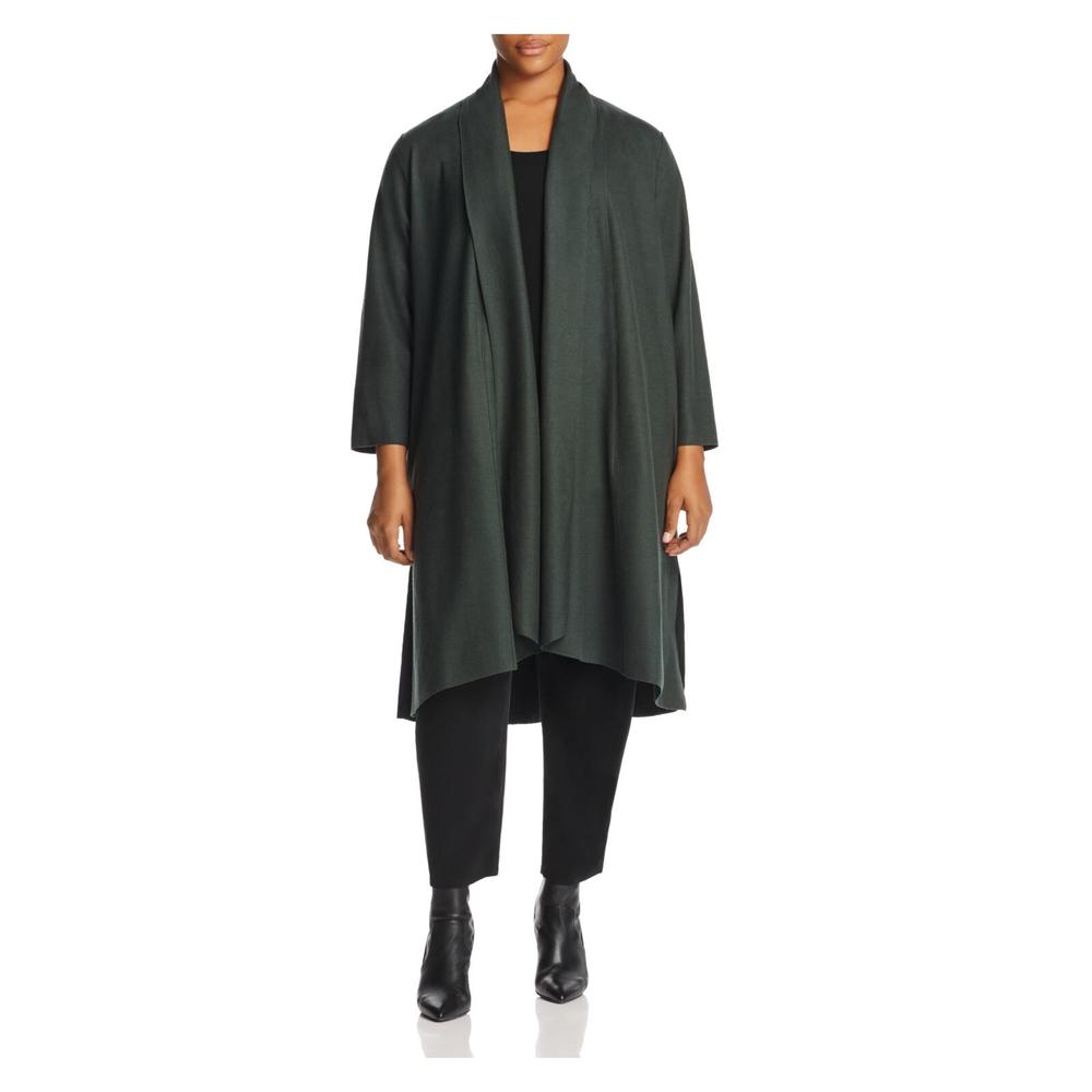 EILEEN FISHER Womens Green Pocketed Shawl Collar Slitted Hems Long Sleeve Open Front Wear To Work Duster Cardigan Plus 2X