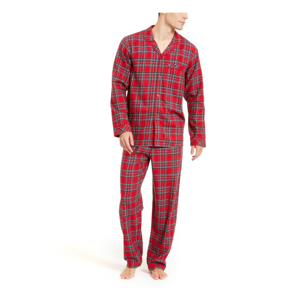 FAMILY PJs Sets Red Flannel Notched Collar Plaid Long Sleeve Button Up Straight leg Everyday  Size S