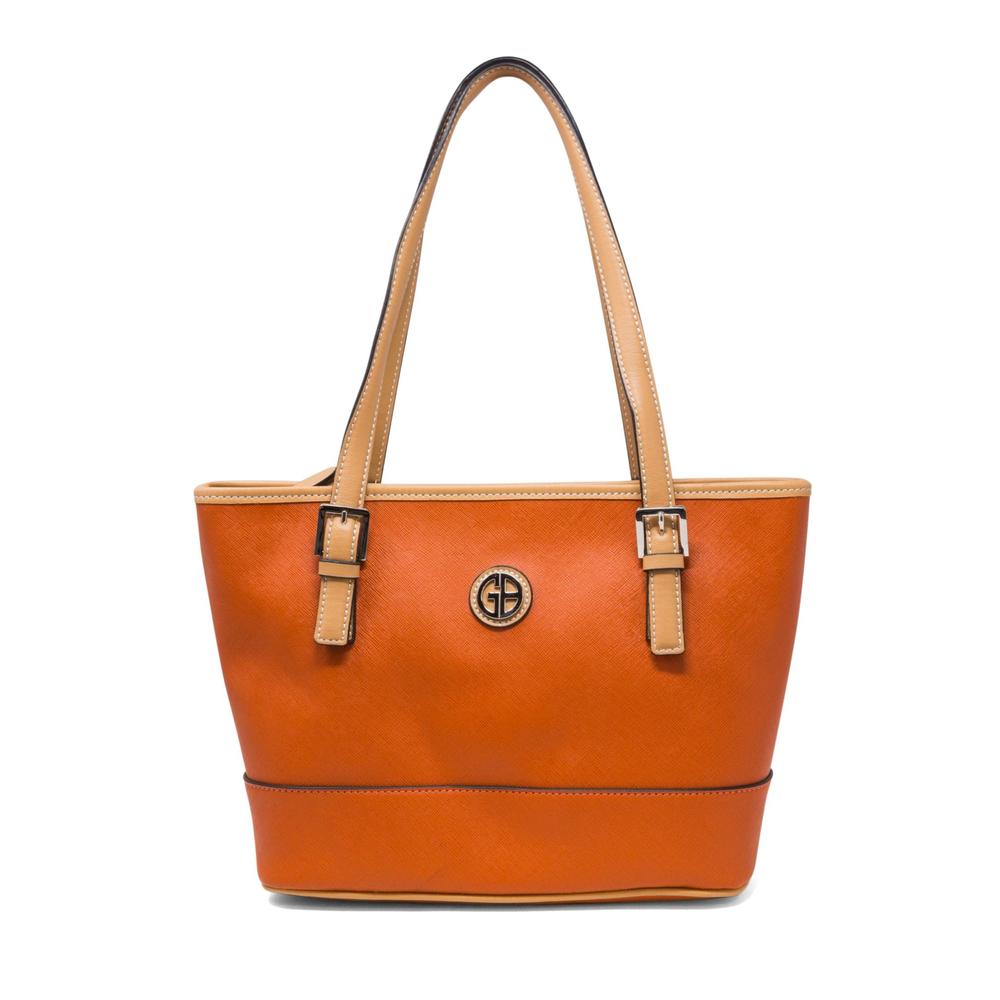 GIANI BERNINI Women's Orange Saffiano Color Block Polyester Metallic Logo Double Flat Strap Tote Handbag Purse