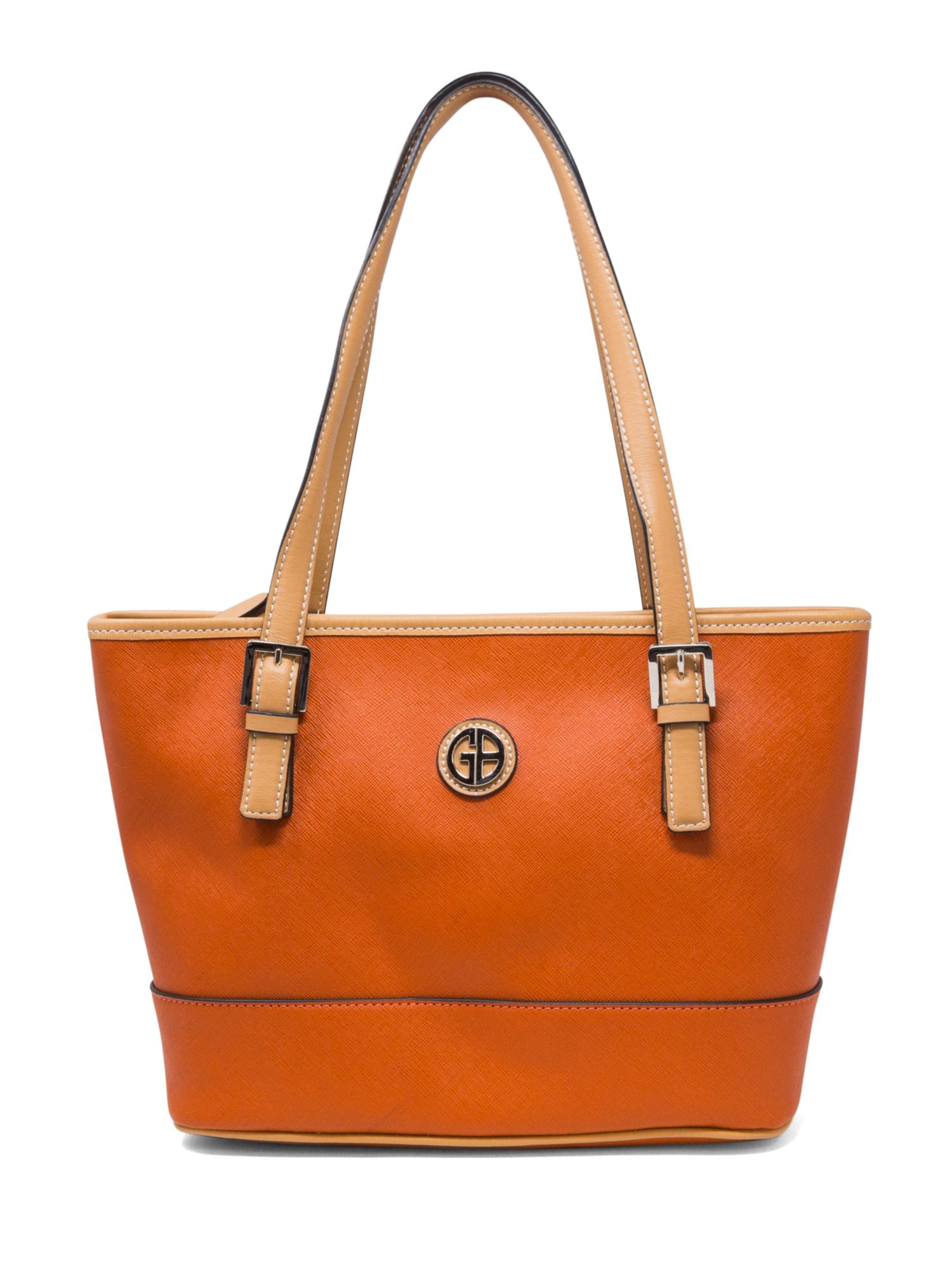 GIANI BERNINI Women's Orange Saffiano Color Block Polyester Metallic Logo Double Flat Strap Tote Handbag Purse