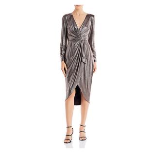 Aidan Aidan Mattox Womens Gold Zippered Metallic Hi-lo Shoulder Pads Long Sleeve V Neck Above The Knee Evening Faux Wrap Dress 0 Aidan Aidan Mattox Womens Gold Zippered Metallic Hi-lo Shoulder Pads Long Sleeve V Neck Above The Knee Evening Faux Wrap Dress 0