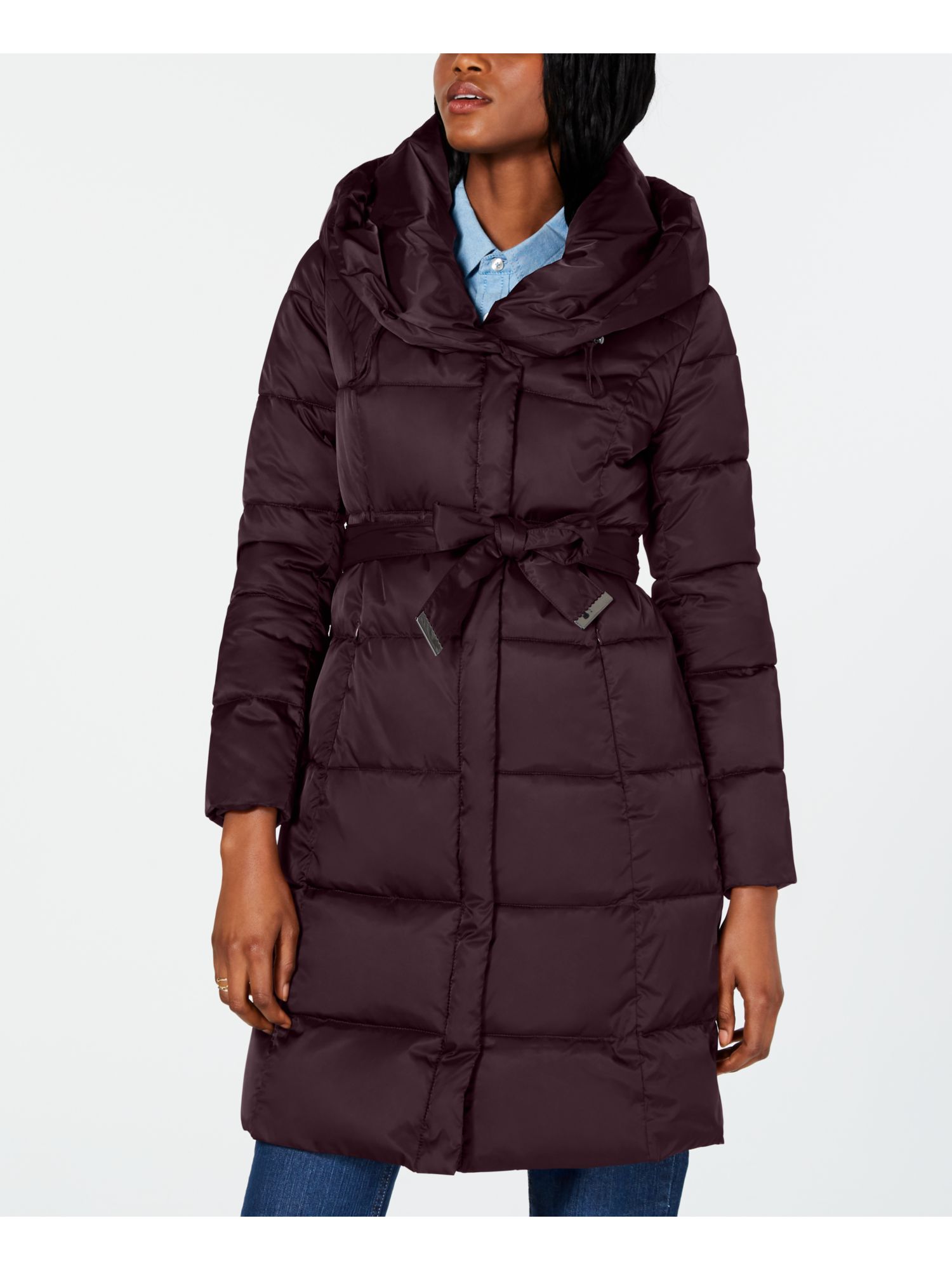 TAHARI Womens Burgundy Belted Hooded Winter Jacket Coat M