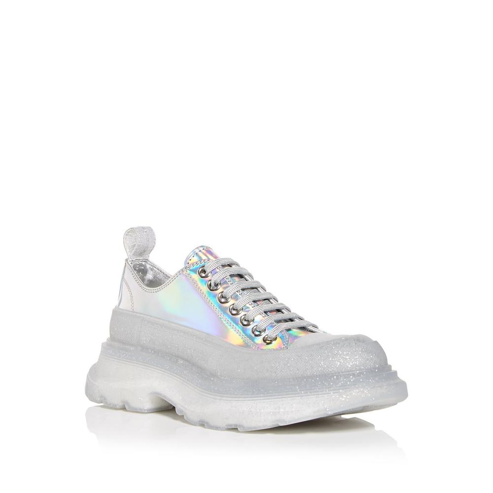 ALEXANDER MCQUEEN Womens Silver Iridescent Translucent Pull-Tab Glitter Logo Cap Toe Block Heel Lace-Up Sneakers Shoes 38.5