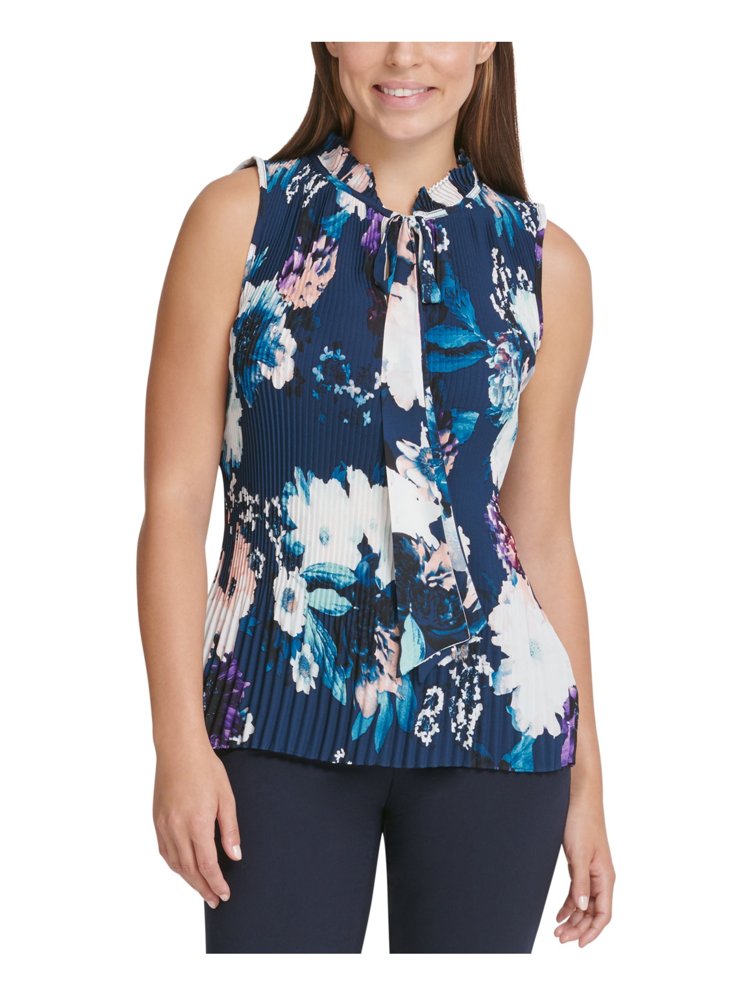 DKNY Womens Blue Pleated Printed Sleeveless Tie Neck Top Petites PM