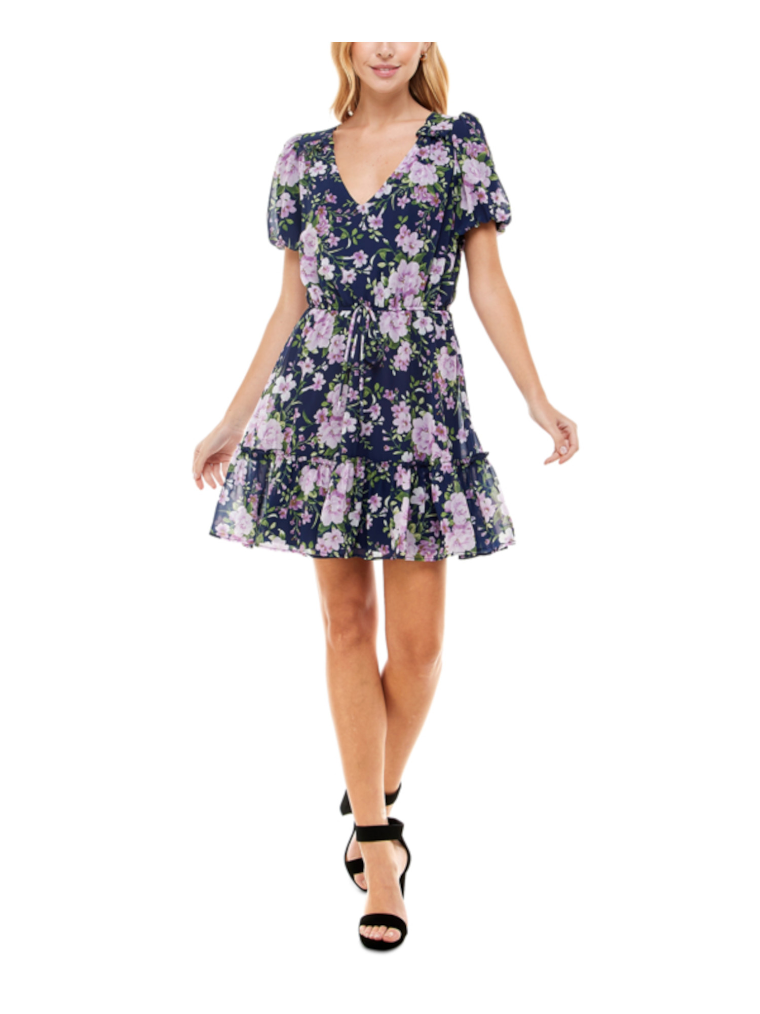 fit and flare floral short dress for women Adrianna Papell Women's V-Neck Midi Dress - Blue/Black/Multi main image 0