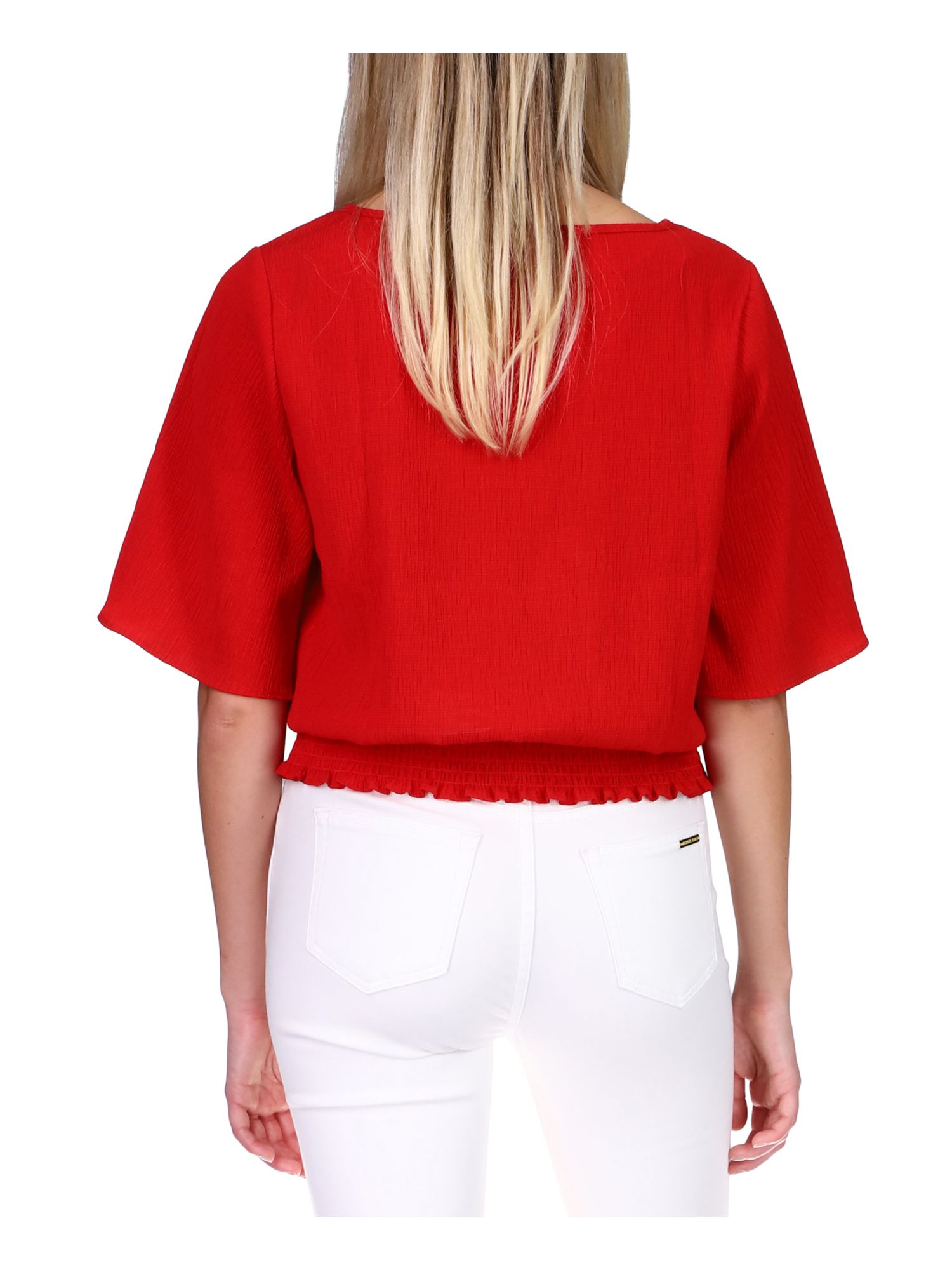 Michael Kors MICHAEL MICHAEL KORS Womens Red Smocked Elbow Sleeve Boat Neck Wear To Work Top Petites PS