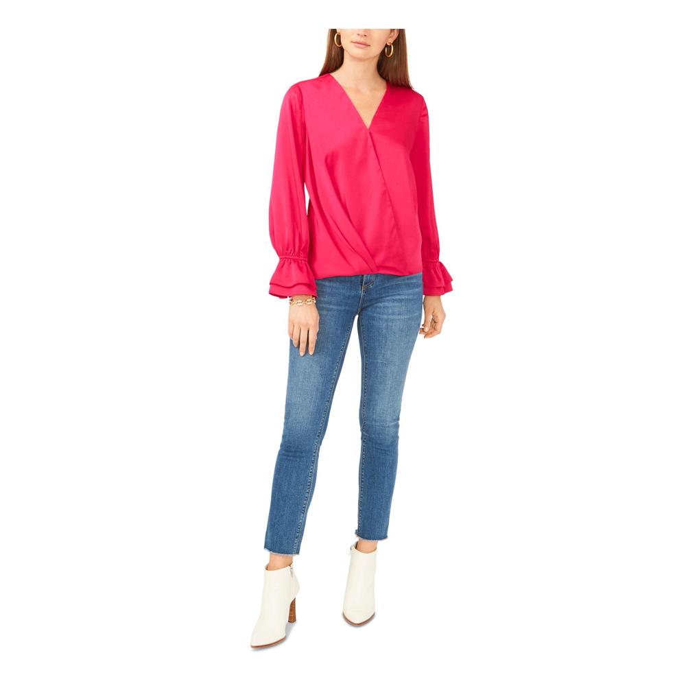 VINCE CAMUTO Womens Pink Pleated Ruffled-cuff Step Hem Long Sleeve Surplice Neckline Faux Wrap Top S