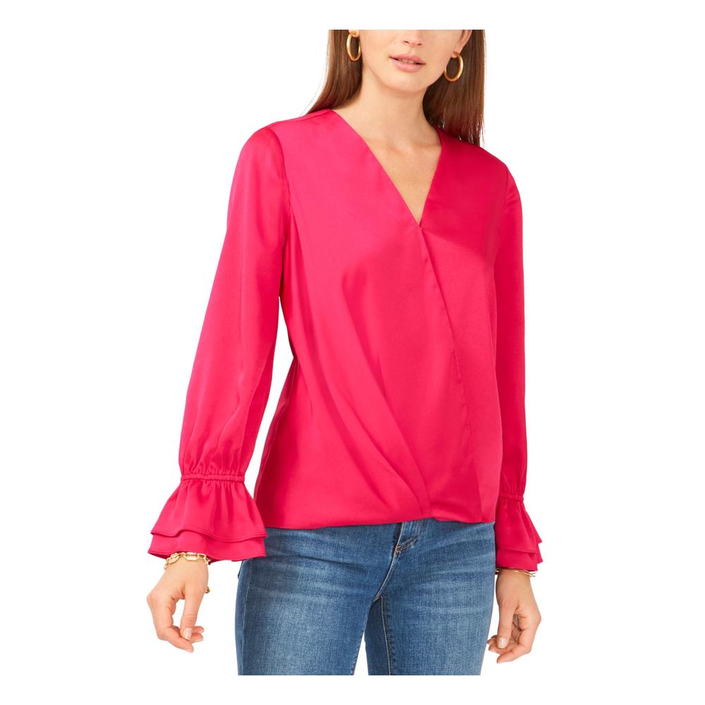 VINCE CAMUTO Womens Pink Pleated Ruffled-cuff Step Hem Long Sleeve Surplice Neckline Faux Wrap Top S
