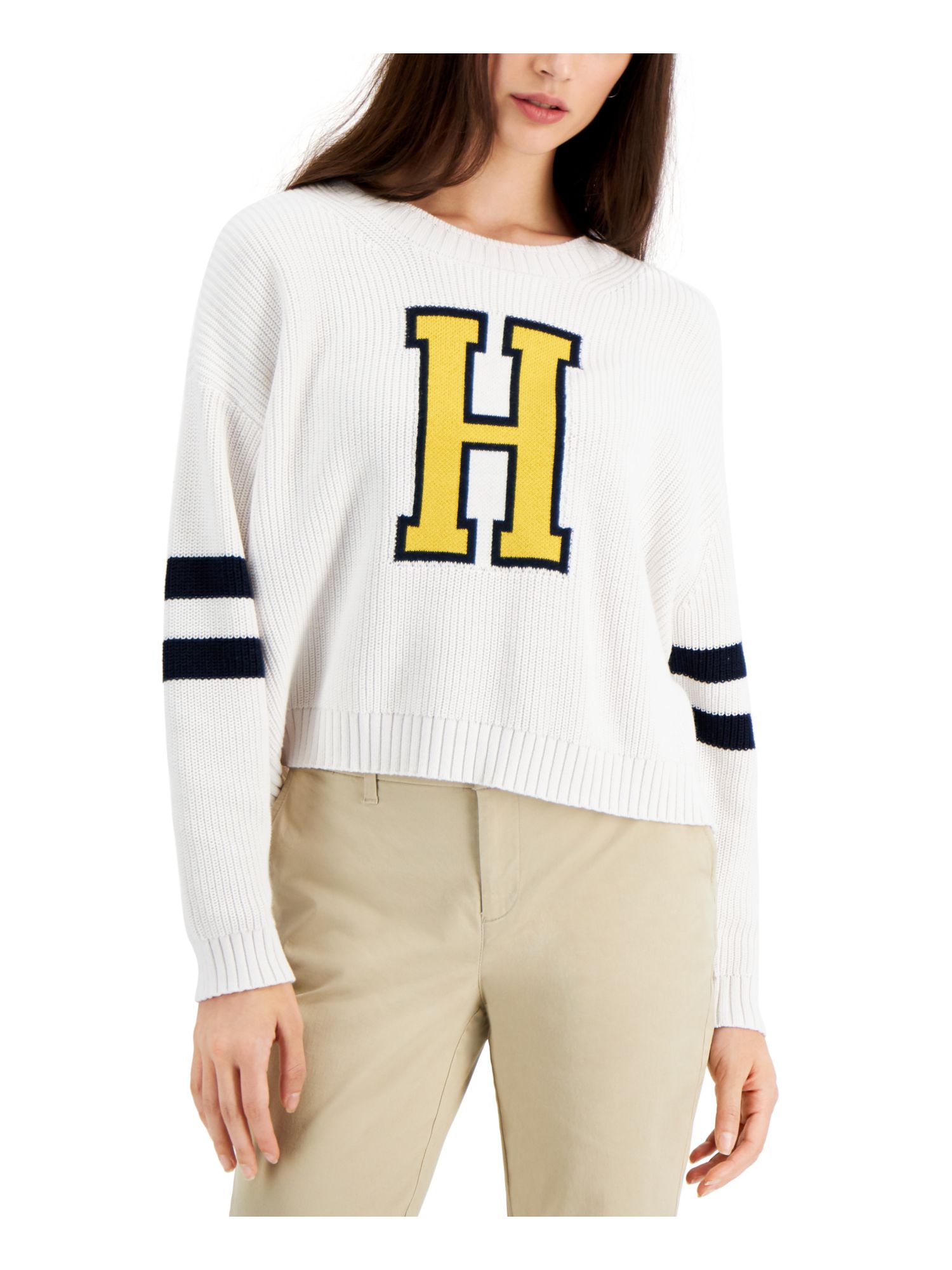 TOMMY HILFIGER Womens White Ribbed Short Length Knit Graphic Long Sleeve Crew Neck Sweater S