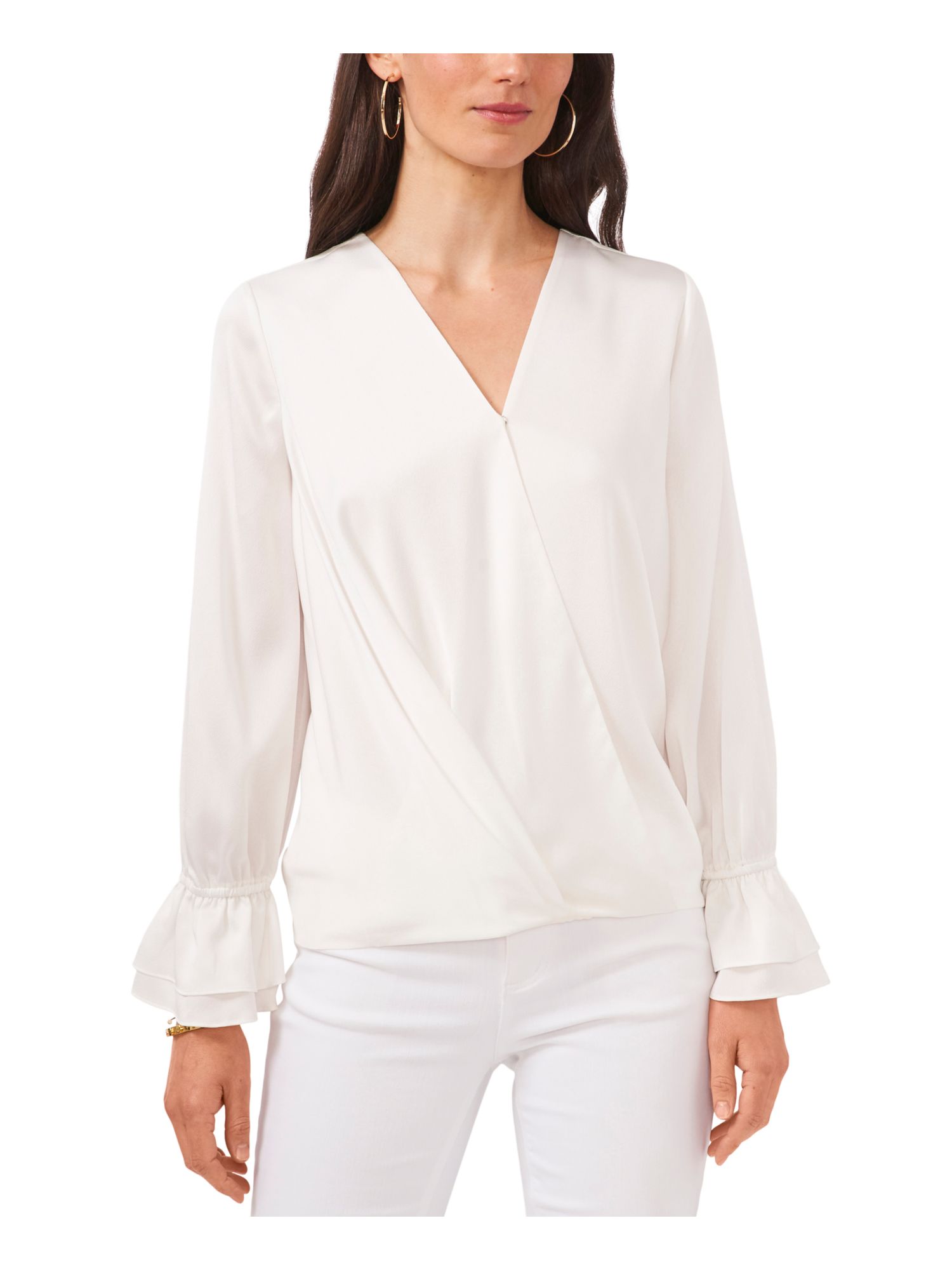 VINCE CAMUTO Womens White Pleated Ruffled-cuff Step Hem Long Sleeve Surplice Neckline Wear To Work Faux Wrap Top S