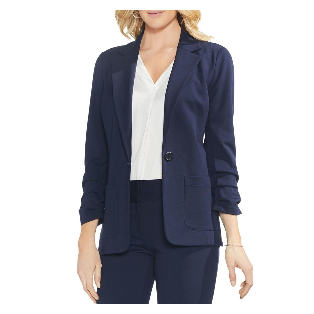 VINCE CAMUTO Womens Navy Pocketed Ruched 3/4 Sleeve Notched Collar Button Wear To Work Blazer Jacket M