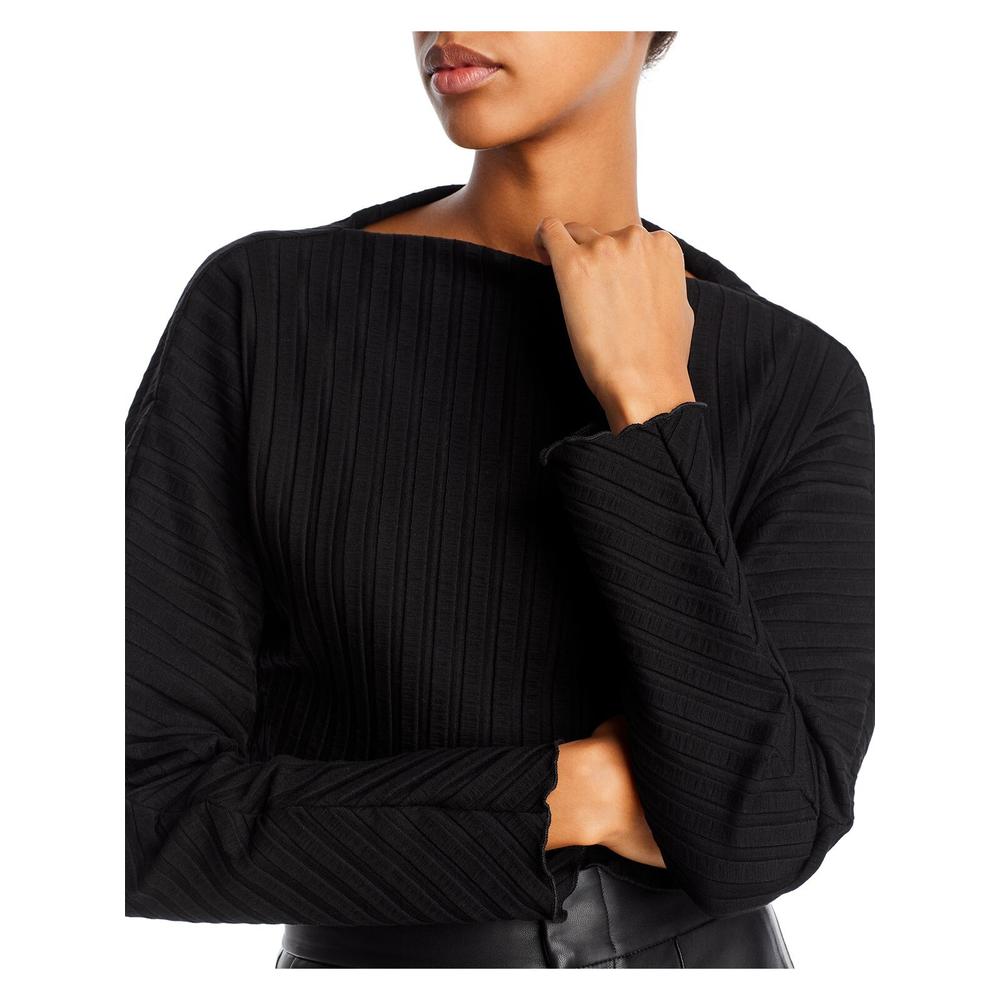 SIMON MILLER Womens Black Ribbed Long Sleeve Boat Neck Crop Top Sweater XS