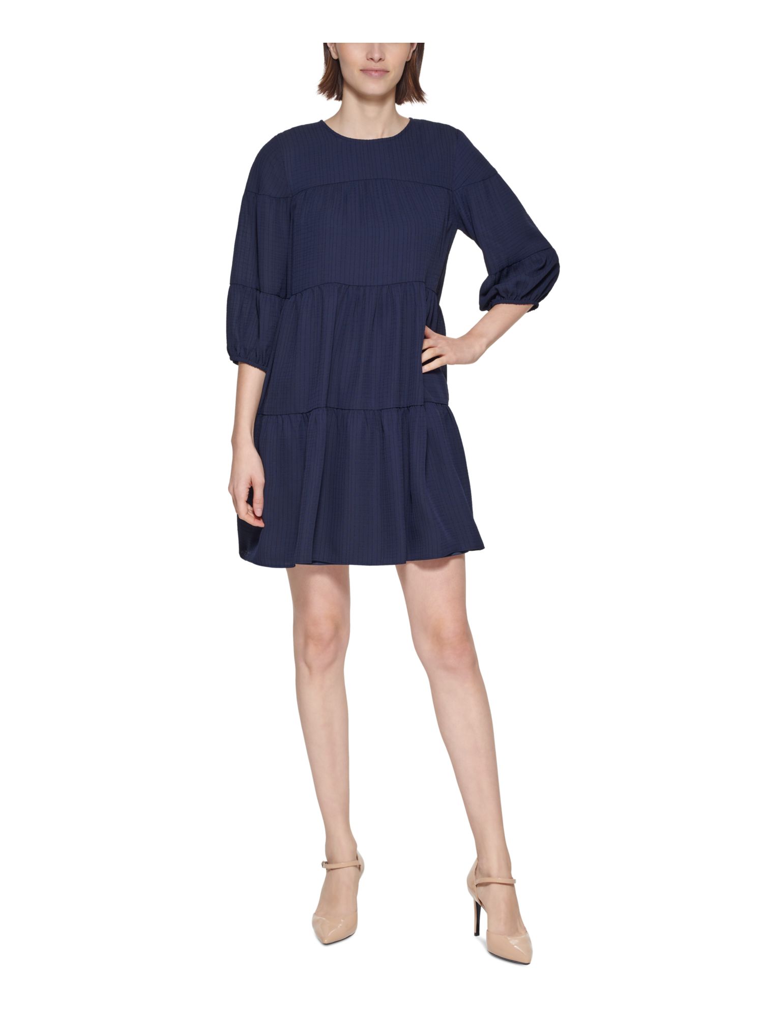 Calvin Klein Womens Navy Textured Keyhole Back Tiered Lined 3/4 Sleeve Round Neck Short Shift Dress Petites 4p, image size:1500x2000