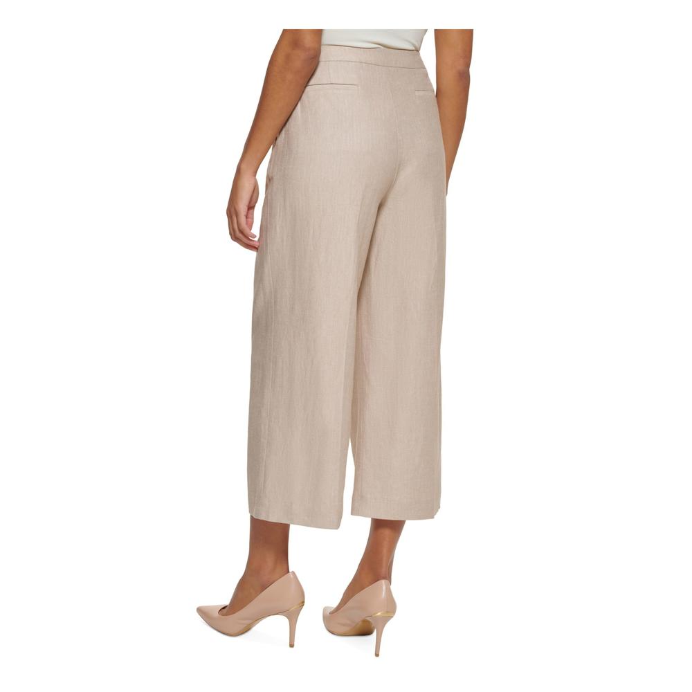 CALVIN KLEIN Womens Beige Zippered Pocketed Cropped Heather Wear To Work Wide Leg Pants Petites 2P