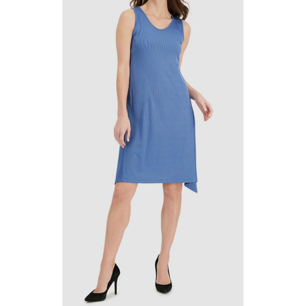 ANNE KLEIN Womens Blue Ribbed Pocketed Pullover Handkerchief Hem Sleeveless Scoop Neck Midi Wear To Work Fit + Flare Dress L