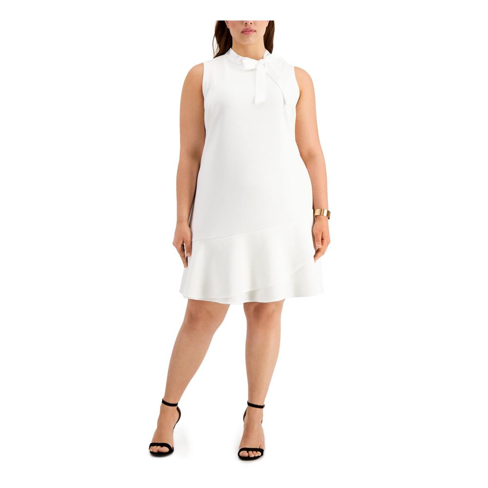 BETSEY JOHNSON Womens White Stretch Ruffled Zippered Sleeveless Tie Neck Above The Knee Evening A-Line Dress Plus 20W
