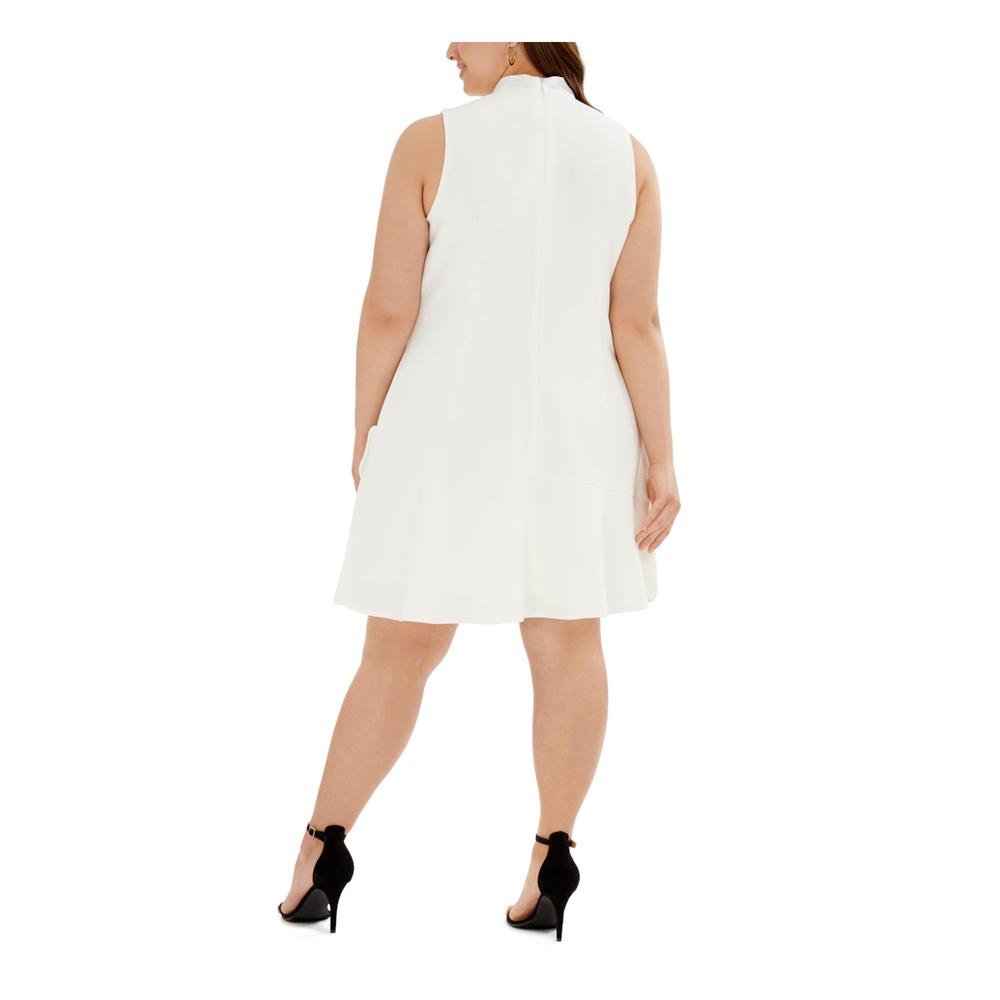 BETSEY JOHNSON Womens White Stretch Ruffled Zippered Sleeveless Tie Neck Above The Knee Evening A-Line Dress Plus 20W