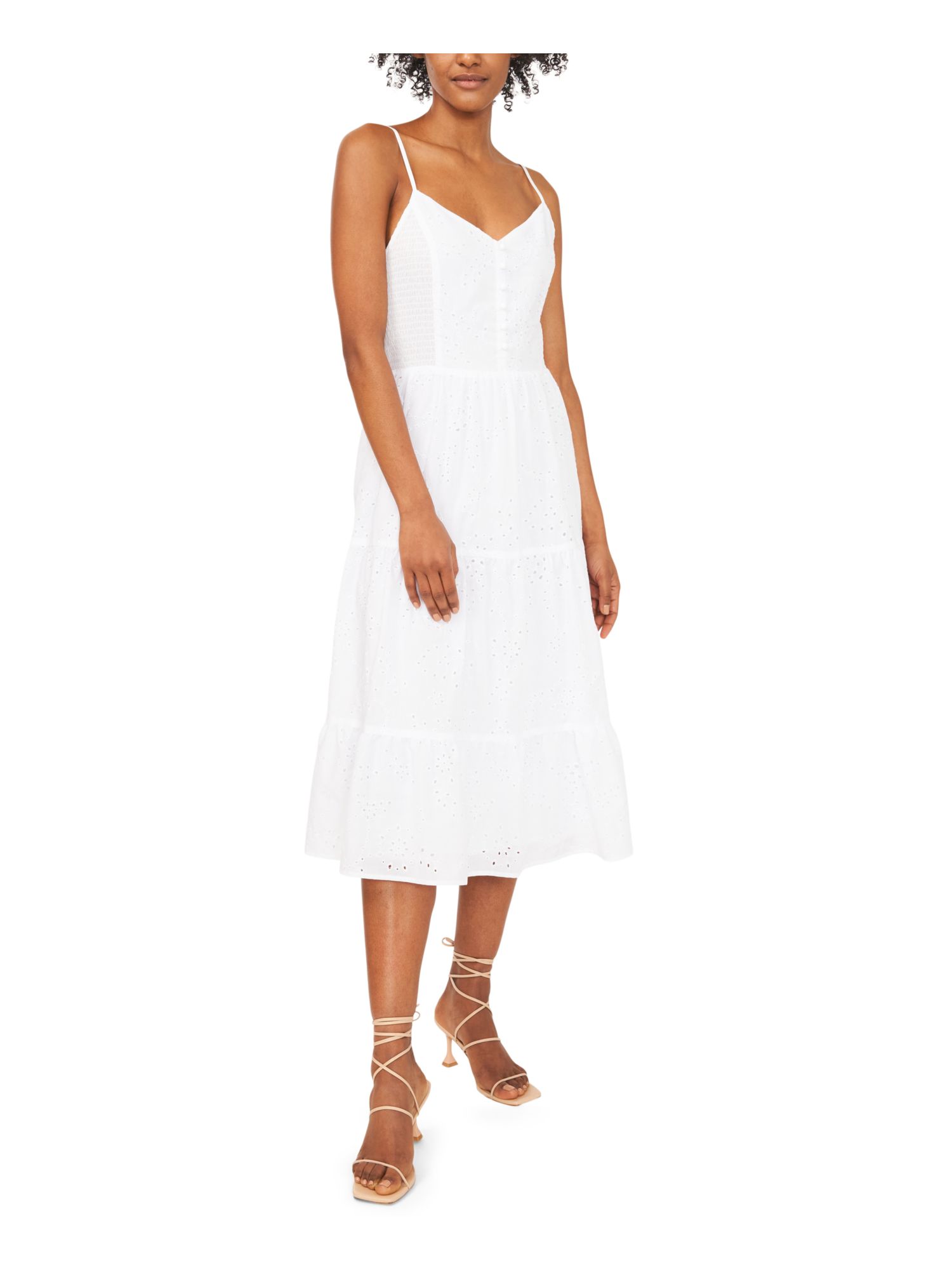 RILEY&RAE Womens Smocked Eyelet Adjustable Straps Shirred Tiers Spaghetti  Strap V Neck Midi Fit + Flare