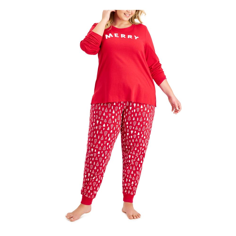 FAMILY PJs Sets Red Elastic Band Graphic Long Sleeve Crew Neck T-Shirt Cuffed Everyday  Size 1X