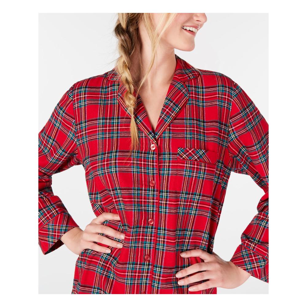 FAMILY PJs Sets Red Flannel Notched Collar Printed Long Sleeve V Neck Button Up Straight leg Everyday  Size XL