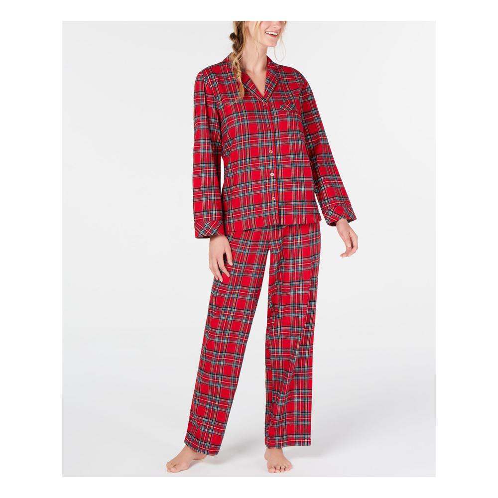 FAMILY PJs Sets Red Flannel Notched Collar Printed Long Sleeve V Neck Button Up Straight leg Everyday  Size XXL