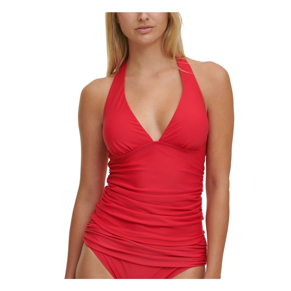 TOMMY HILFIGER Women's Red Stretch Shirred Tie Lined Deep V Neck Molded Cup  Halter Tankini Swimsuit Top XS