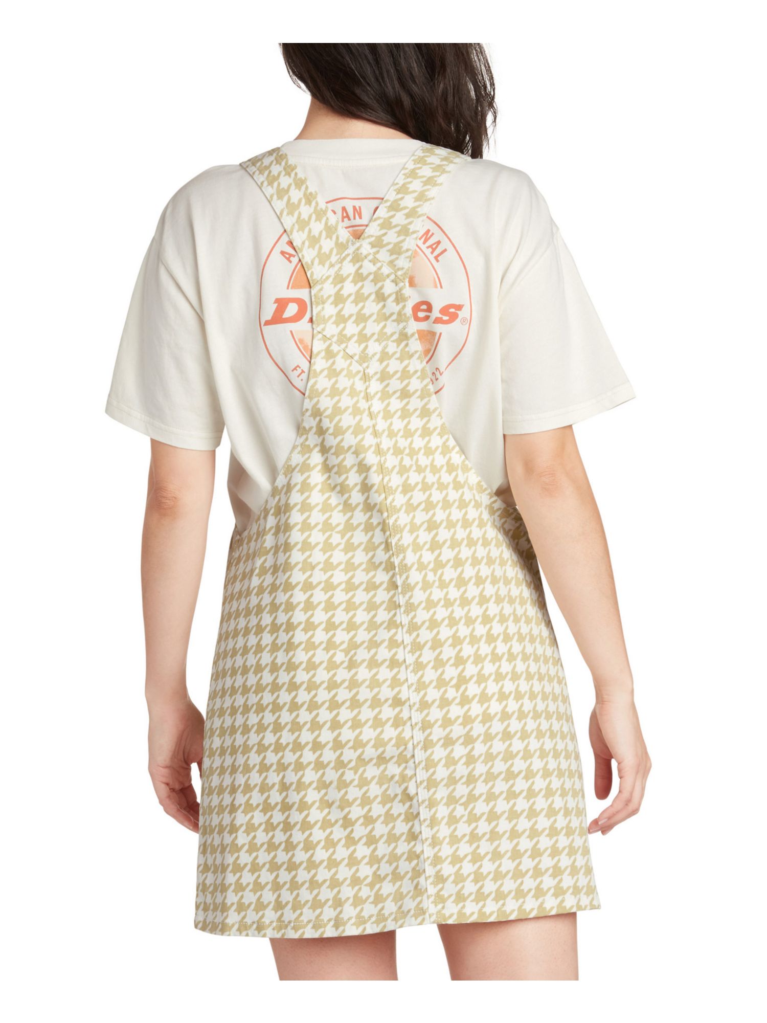DICKIES Womens White Adjustable Pocketed Overall Houndstooth Sleeveless Square Neck Short Shift Dress XS