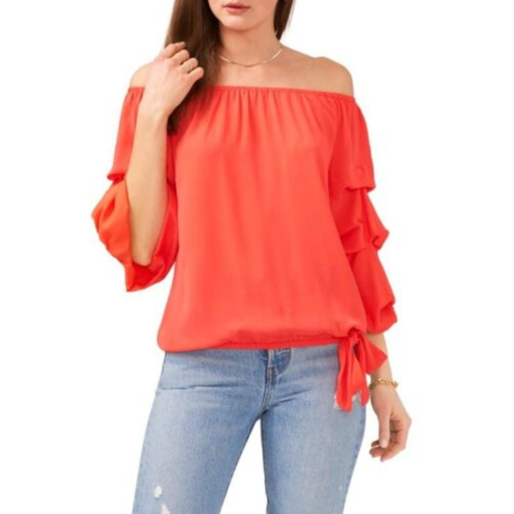 VINCE CAMUTO Womens Red Textured Ruched Tie Elasticized Sheer Unlined 3/4 Sleeve Off Shoulder Party Top L