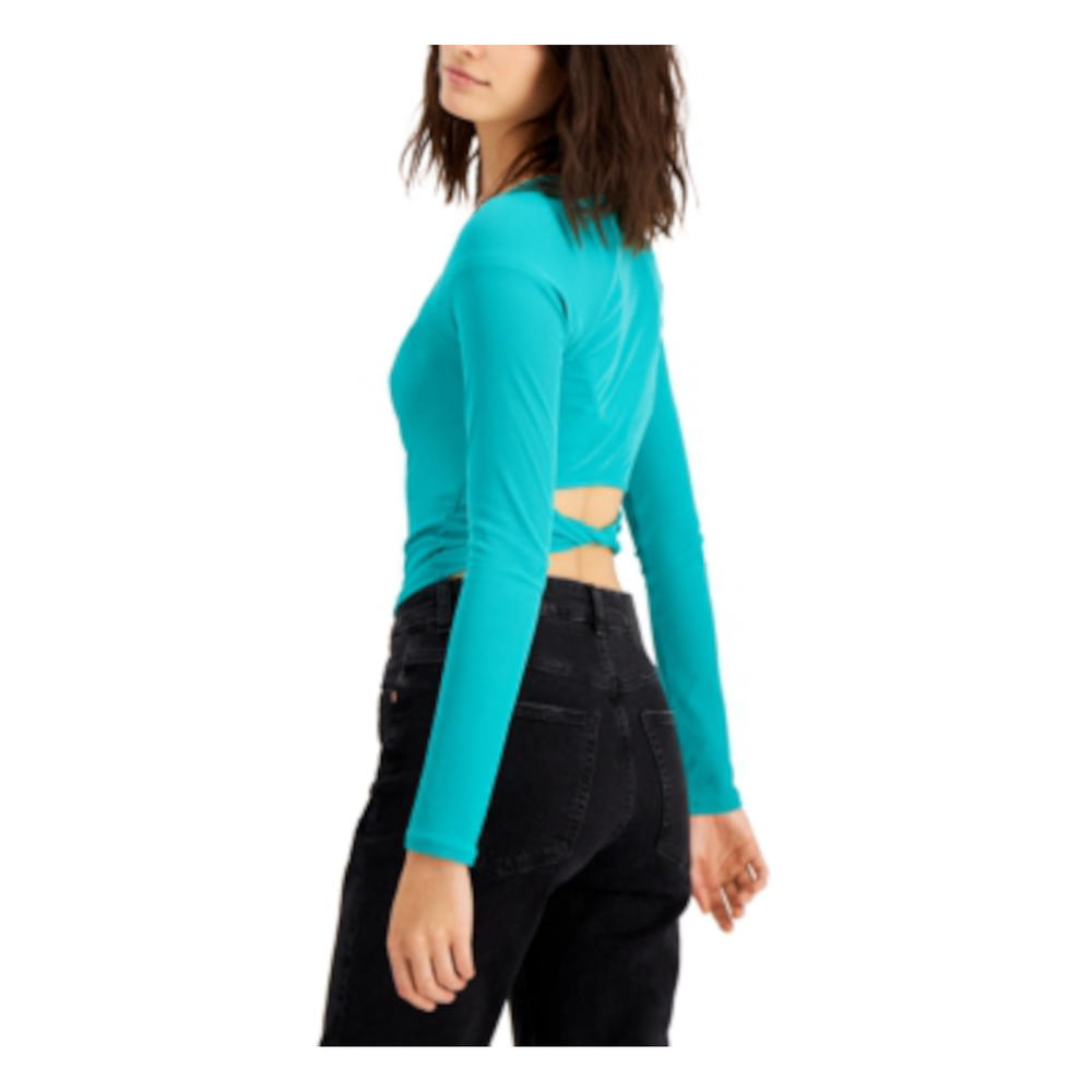 BAR III Womens Teal Ribbed Cut Out Unlined Twist Back Long Sleeve Square Neck Crop Top M