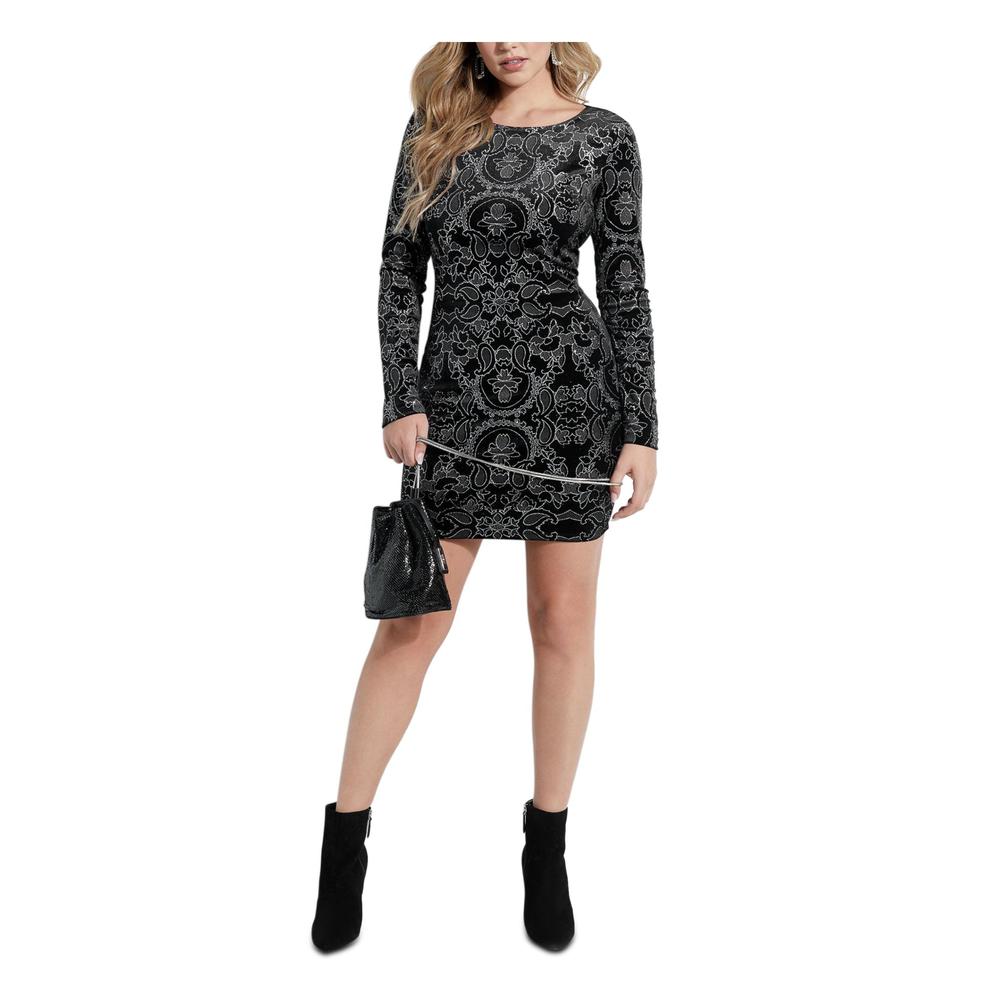 GUESS Womens Black Glitter Cut Out Back Pullover Printed Long Sleeve Jewel Neck Short Party Body Con Dress XL