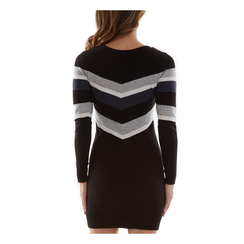 BCX Womens Black Stretch Ribbed Metallic Color Block Long Sleeve Crew Neck Short Sweater Dress M