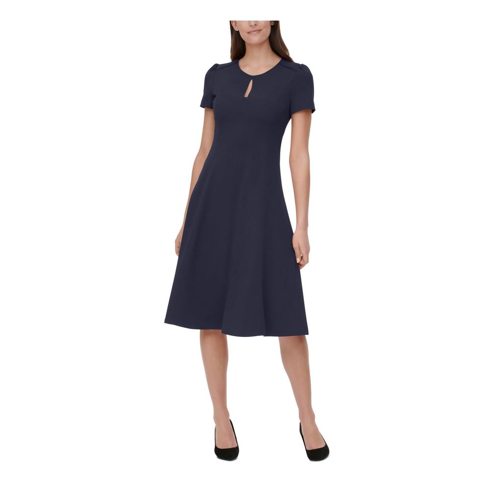 TOMMY HILFIGER Womens Navy Stretch Zippered Short Sleeve Keyhole Knee Length Wear To Work Fit + Flare Dress 8