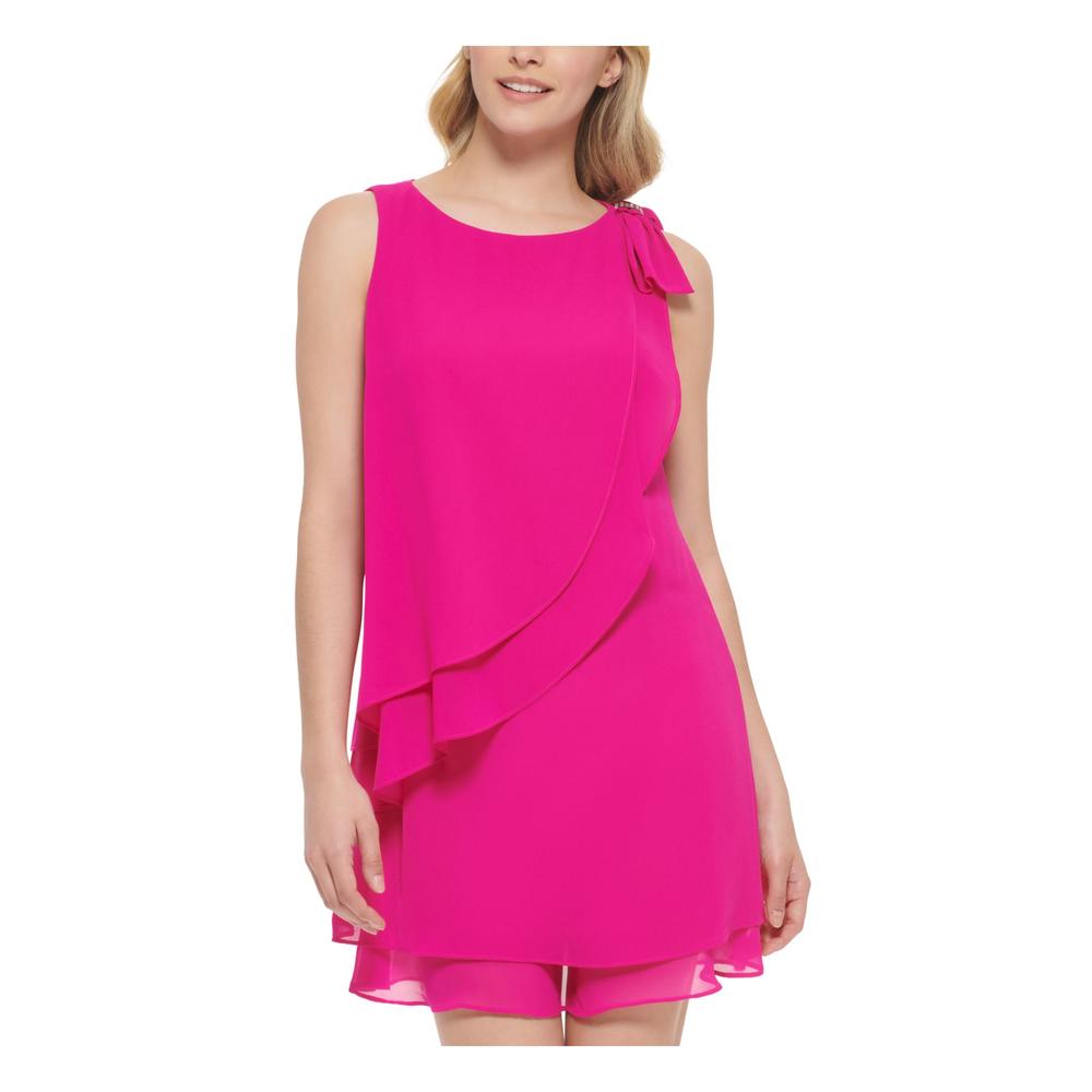 Jessica Carlyle JESSICA HOWARD Womens Pink Embellished Zippered Tiered Bow Detail Lined Sleeveless Boat Neck Short Party Shift Dress Petites 4P