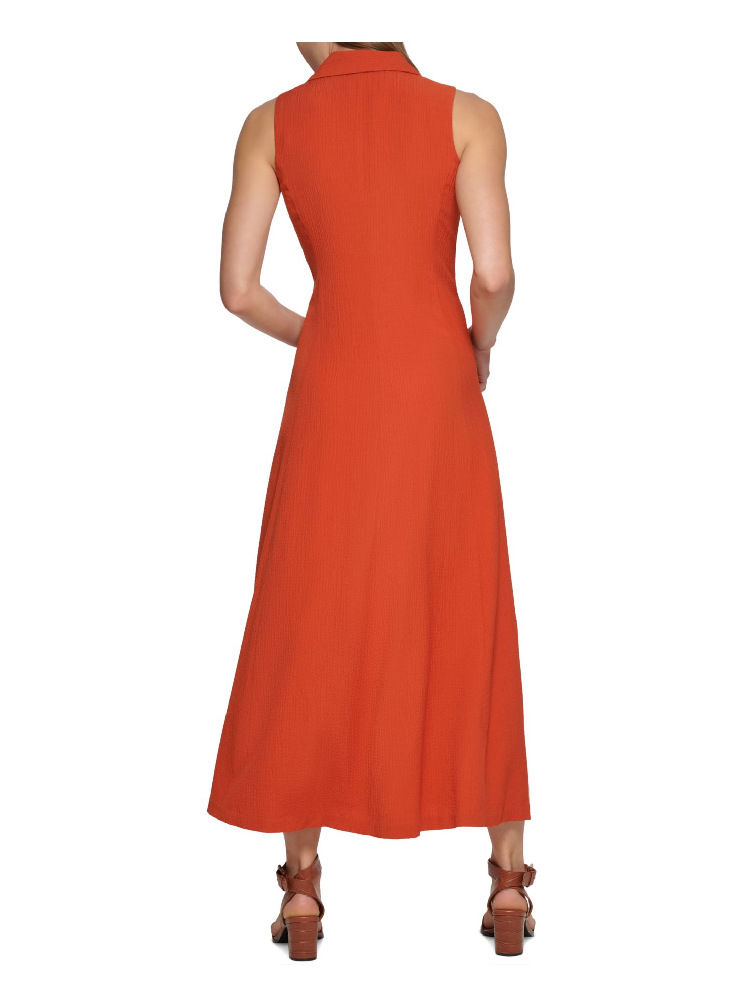 CALVIN KLEIN Womens Orange Textured Drawstring Fold Collar Pocketed Sleeveless V Neck Maxi Party A-Line Dress 4