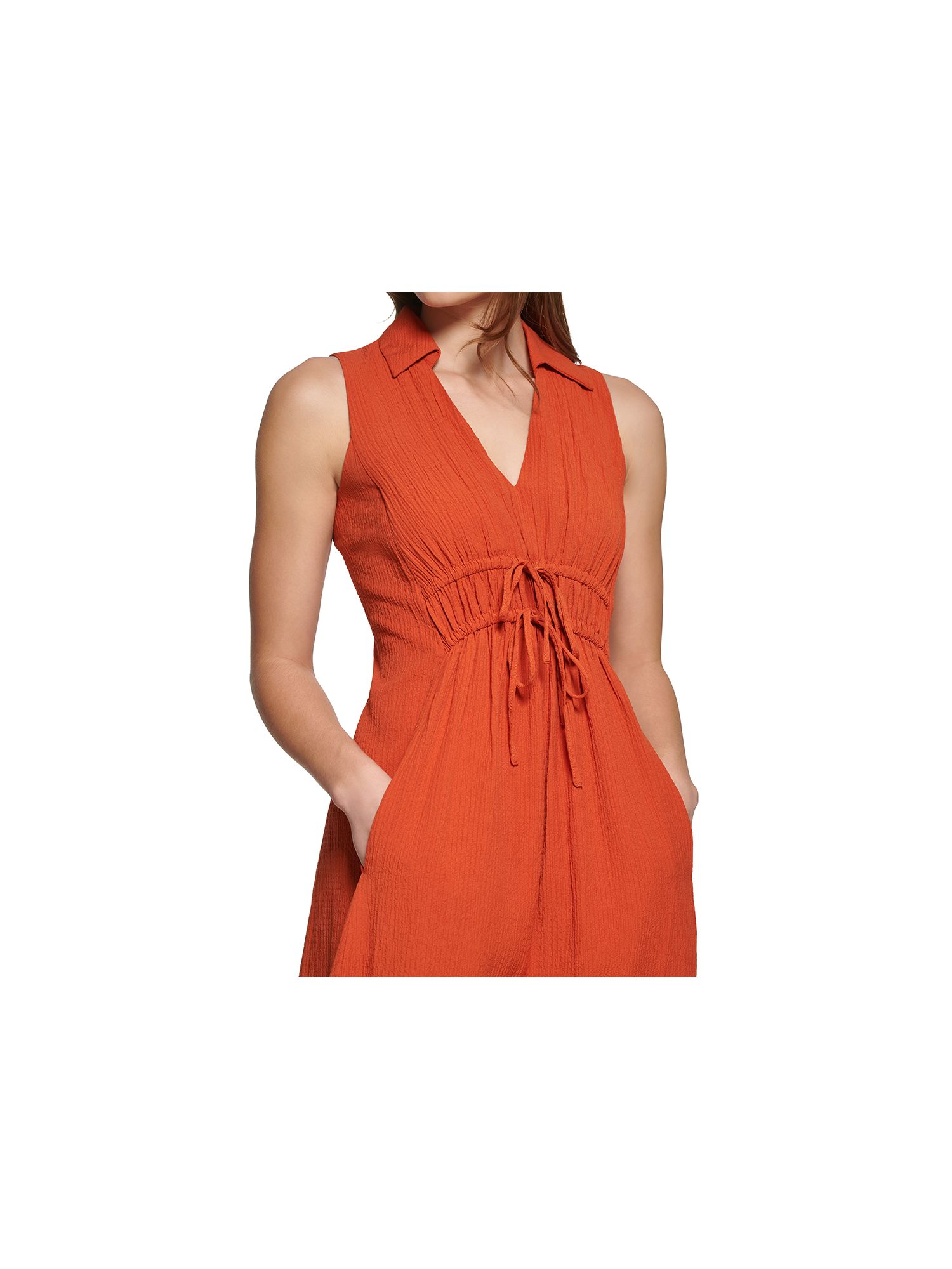 CALVIN KLEIN Womens Orange Textured Drawstring Fold Collar Pocketed Sleeveless V Neck Maxi Party A-Line Dress 4