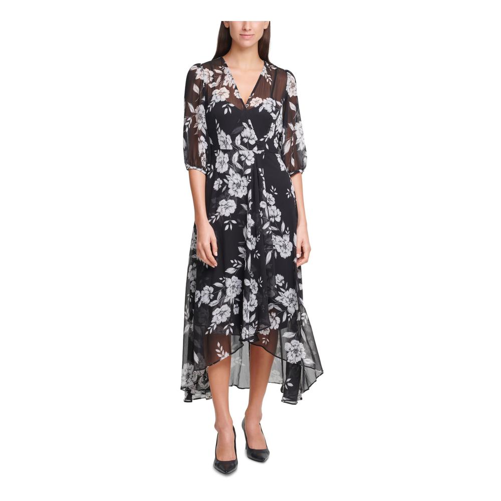 CALVIN KLEIN Womens Black Zippered Lined Hi-lo Hem Floral 3/4 Sleeve V Neck Maxi Wear To Work Faux Wrap Dress 6