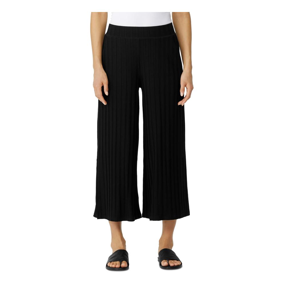 EILEEN FISHER PETITE Womens Black Ribbed Slitted Cropped Elastic Waist Wide Leg Pants Petites PS \ PP
