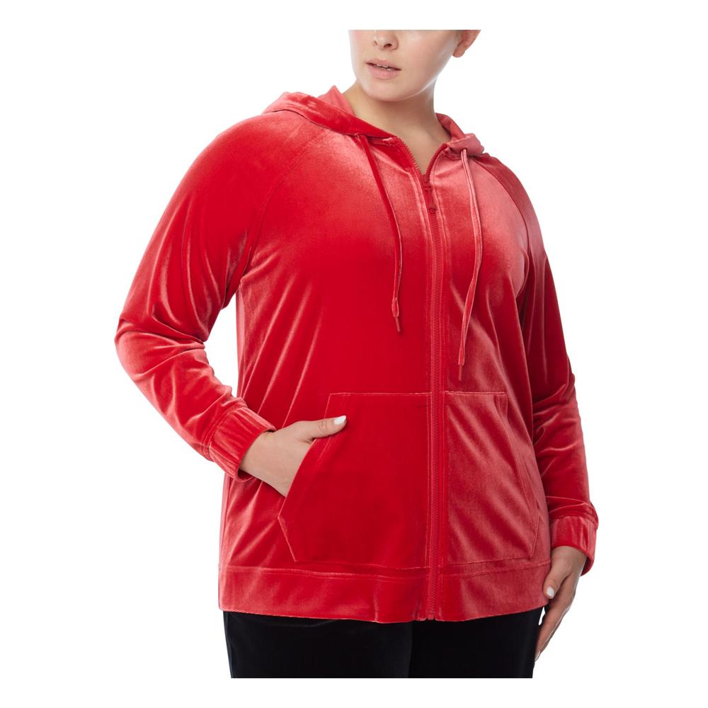 JONES NEW YORK Womens Red Zippered Pocketed Drawstring Long Sleeve Hoodie Top Plus 2X