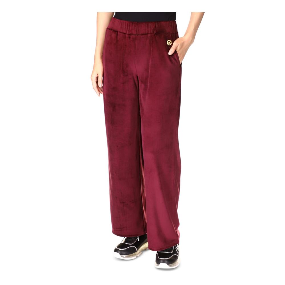 Michael Kors MICHAEL MICHAEL KORS Womens Burgundy Pocketed Pull-on Metallic Logo Velour Straight leg Pants L