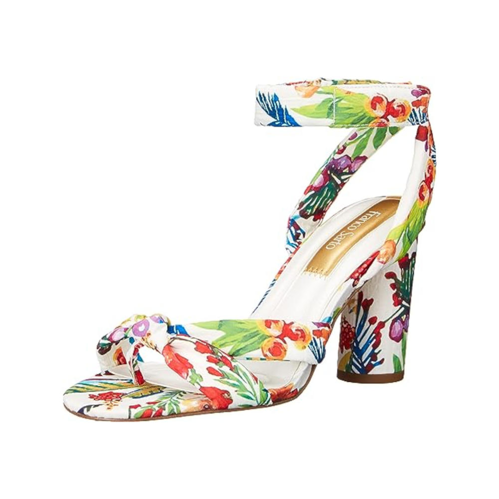 FRANCO SARTO Womens White Floral Ankle Strap Padded Oma Round Toe Block Heel Dress Heeled Sandal 5.5 M