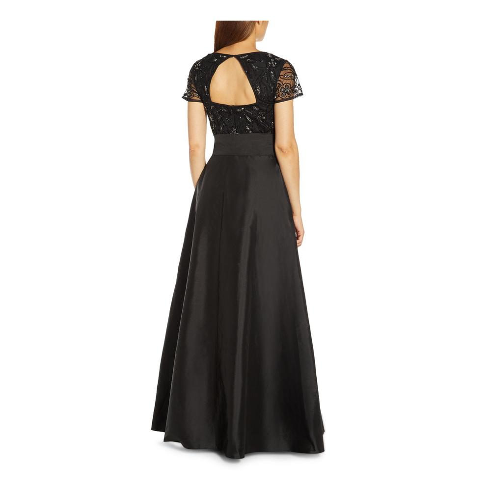 ADRIANNA PAPELL Womens Black Tie At Waist Short Sleeve Formal Gown Dress 6