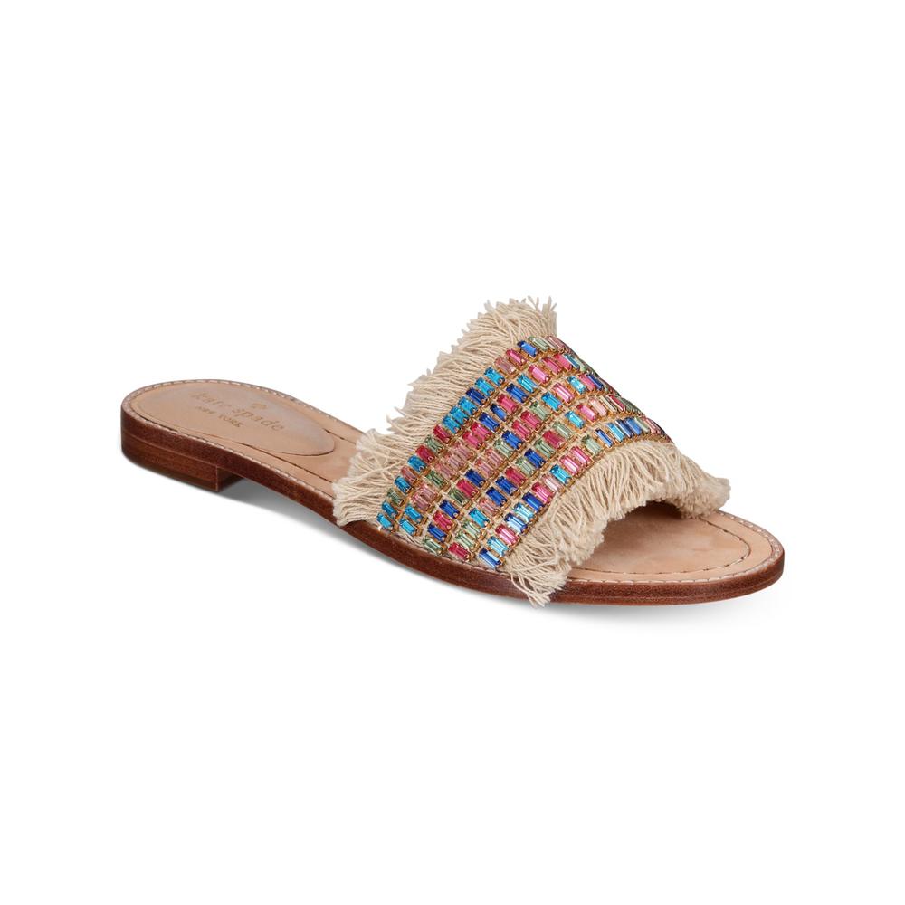 KATE SPADE NEW YORK Womens Beige Embellished Frayed Solaina Round Toe Slip On Slide Sandals Shoes 8 M